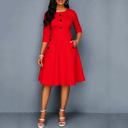 Robes trapèze élégantes pour femmes, couleur unie, mode col rond, simple boutonnage, poches décoratives, taille haute, robe de soirée Slim