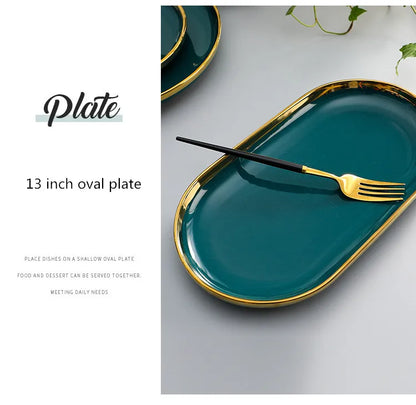 Assiette en céramique verte à bord doré, assiettes à Steak, bols, plat à dîner, ensemble de vaisselle luxueux en porcelaine pour hôtel familial