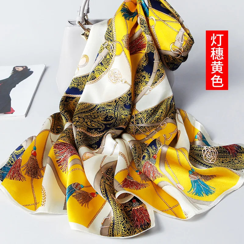 100% foulard en soie pour femmes longue impression luxe châles en soie naturelle enveloppes bleu Floral été dames foulard pur véritable foulards en soie