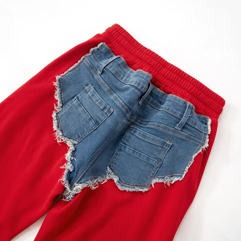 K24PT316 Fashion Autumn Winter Hip Hop Casual Motorcycle Color Patchwork Denim Cargo Straight Trousers Sweatpants Women Pant