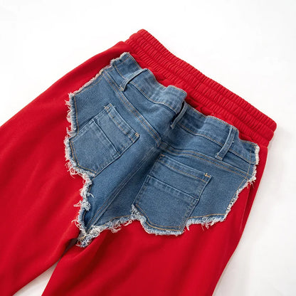 K24PT316 Fashion Autumn Winter Hip Hop Casual Motorcycle Color Patchwork Denim Cargo Straight Trousers Sweatpants Women Pant