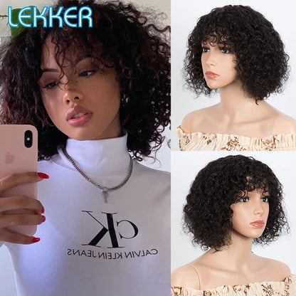 Lekker couleur courte Pixie Afro crépus bouclés Bob 100% perruques de cheveux humains avec frange pour les femmes brésilien Remy cheveux Ombre brun perruques