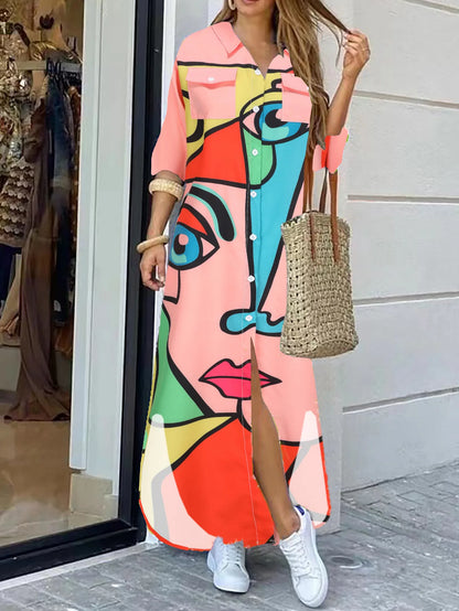 Women's Casual Long Floor-Length Dress New Fashion Elegant Loose Printed Shirt Dress with Solid Pattern