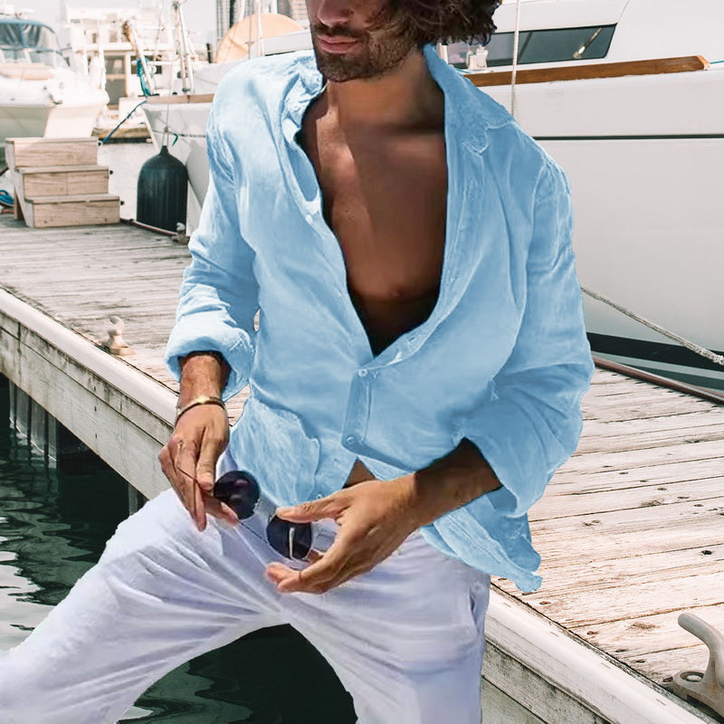 Chemise en coton pour hommes, confortable et décontractée, Cardigan à revers rayé, simple boutonnage, manches longues, nouvelle collection printemps été