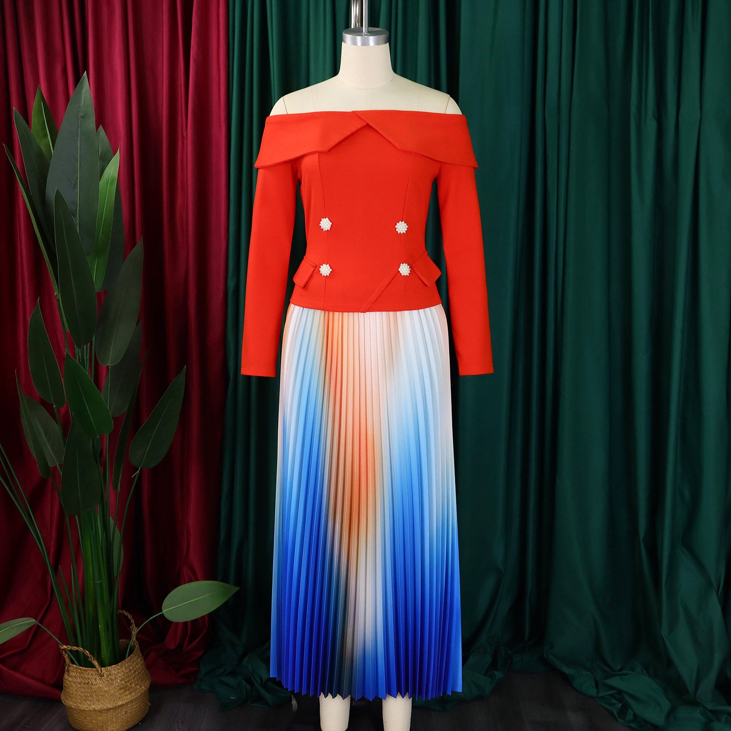 BS - Ensemble à manches longues et col slash pour femme, jupes longues plissées dégradées, ensemble de rue, tenues d'avocat africain, 2 pièces