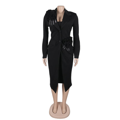 Blazer long à manches longues pour femmes, manteau et robe longue trempée, streetwear de printemps, tenues de travail de l'avocat africain, ensemble de 2 pièces, 2025