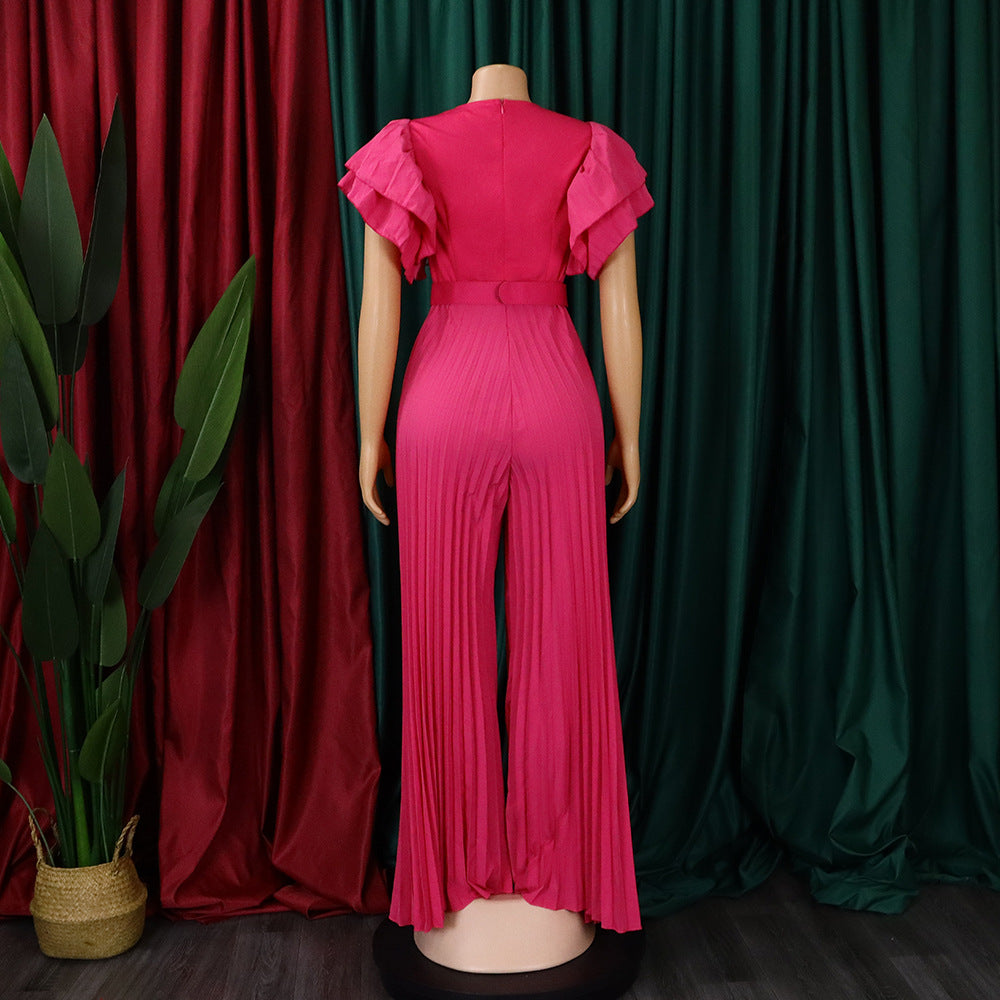 Combinaison élégante en maille patchwork plissée pour femme, jambe large, taille haute, col en V, manches évasées, combishort de fête, été 2022