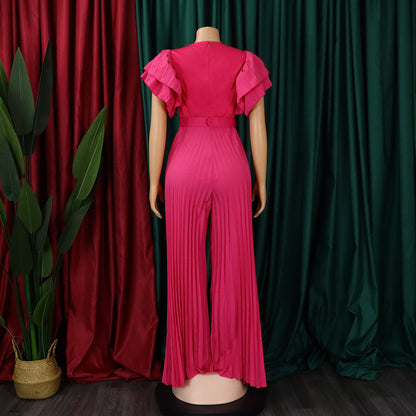 Combinaison élégante en maille patchwork plissée pour femme, jambe large, taille haute, col en V, manches évasées, combishort de fête, été 2022