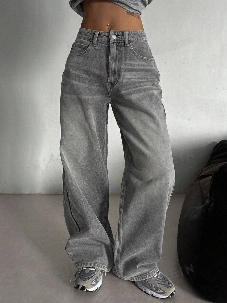 BKQU gris Vintage Baggy jean femme Streetwear taille haute Y2K jambe large Denim pantalon ample femme Hip Hop pantalon américain années 2000