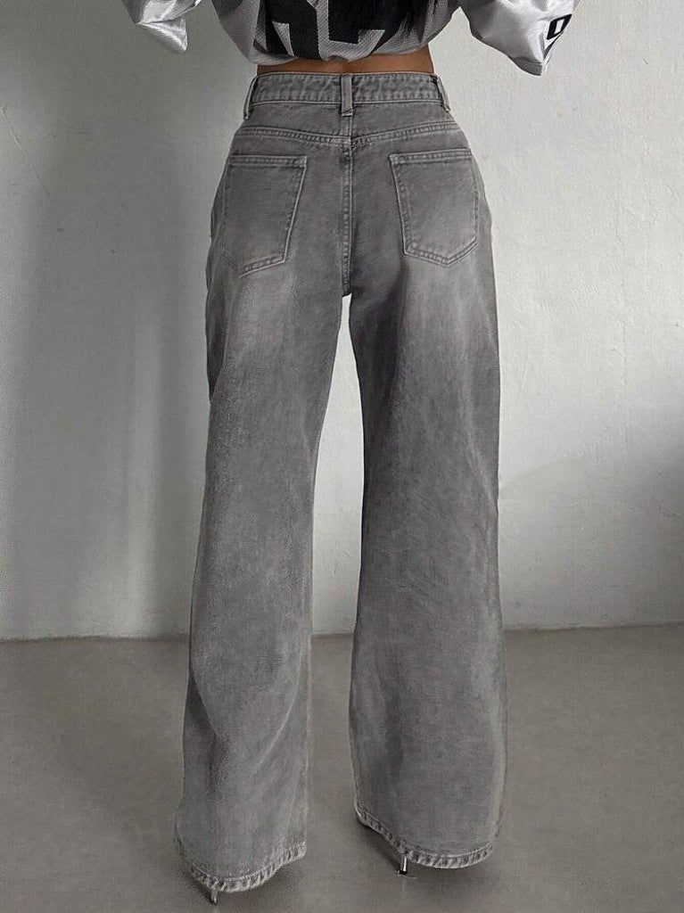 BKQU gris Vintage Baggy jean femme Streetwear taille haute Y2K jambe large Denim pantalon ample femme Hip Hop pantalon américain années 2000