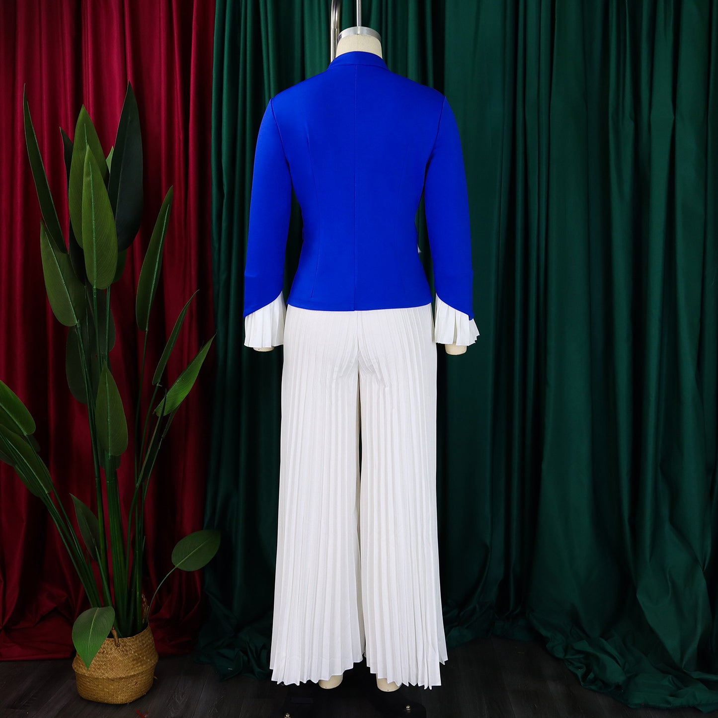 BS -  ensemble élégant  femme manches évasées bouton Blazer chemise + pantalon Long plissé costume Streetwear deux 2 pièces ensemble afrique OL tenues