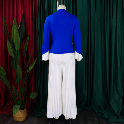 BS -  ensemble élégant  femme manches évasées bouton Blazer chemise + pantalon Long plissé costume Streetwear deux 2 pièces ensemble afrique OL tenues