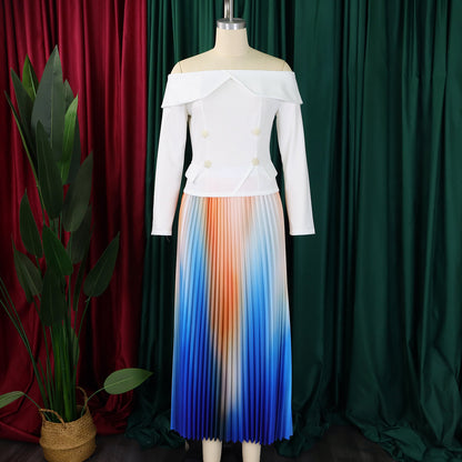 BS - Ensemble à manches longues et col slash pour femme, jupes longues plissées dégradées, ensemble de rue, tenues d'avocat africain, 2 pièces