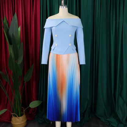 BS - Ensemble à manches longues et col slash pour femme, jupes longues plissées dégradées, ensemble de rue, tenues d'avocat africain, 2 pièces