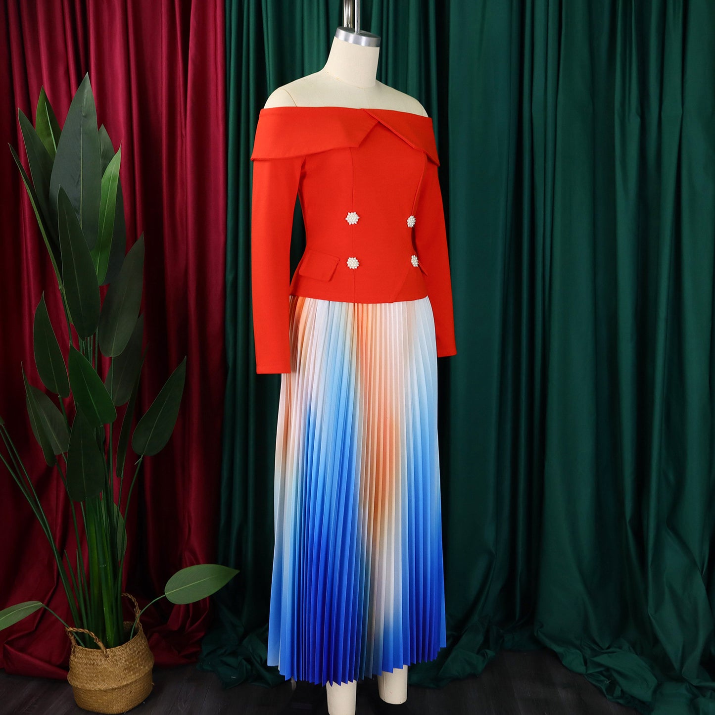 BS - Ensemble à manches longues et col slash pour femme, jupes longues plissées dégradées, ensemble de rue, tenues d'avocat africain, 2 pièces