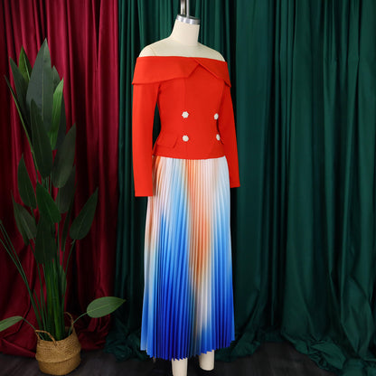 BS - Ensemble à manches longues et col slash pour femme, jupes longues plissées dégradées, ensemble de rue, tenues d'avocat africain, 2 pièces