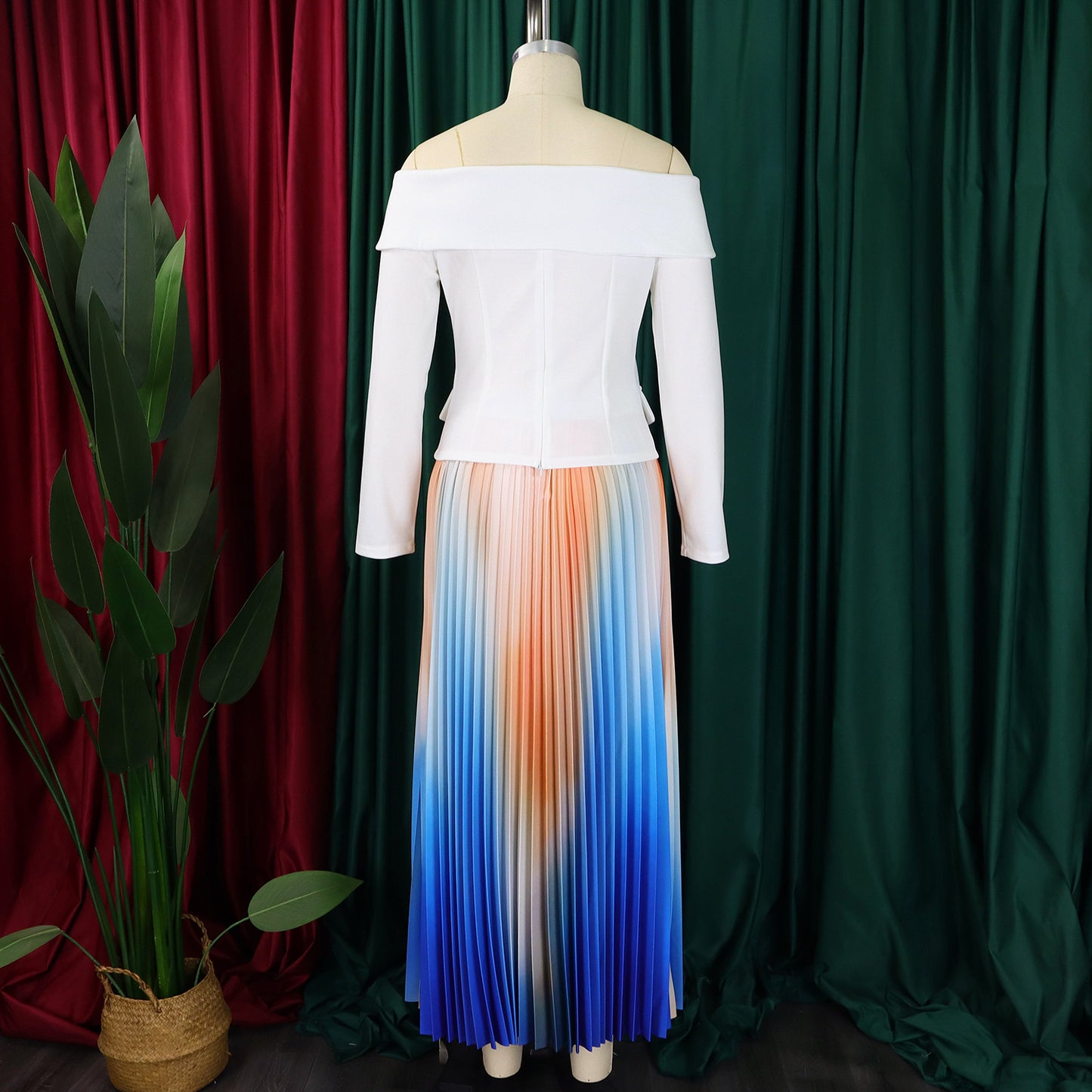 BS - Ensemble à manches longues et col slash pour femme, jupes longues plissées dégradées, ensemble de rue, tenues d'avocat africain, 2 pièces