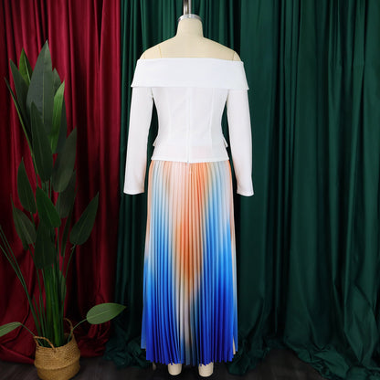 BS - Ensemble à manches longues et col slash pour femme, jupes longues plissées dégradées, ensemble de rue, tenues d'avocat africain, 2 pièces