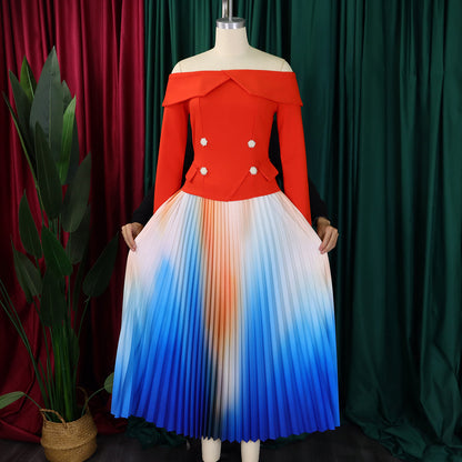 BS - Ensemble à manches longues et col slash pour femme, jupes longues plissées dégradées, ensemble de rue, tenues d'avocat africain, 2 pièces