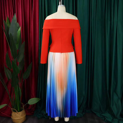 BS - Ensemble à manches longues et col slash pour femme, jupes longues plissées dégradées, ensemble de rue, tenues d'avocat africain, 2 pièces