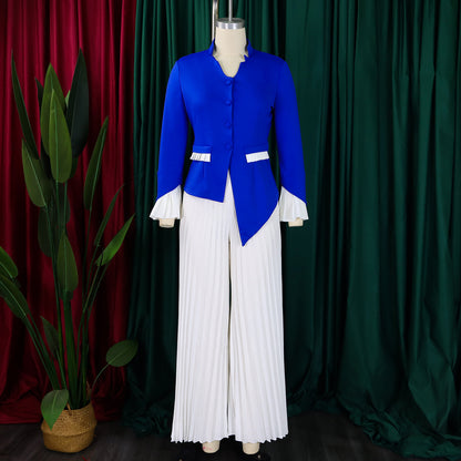 BS -  ensemble élégant  femme manches évasées bouton Blazer chemise + pantalon Long plissé costume Streetwear deux 2 pièces ensemble afrique OL tenues