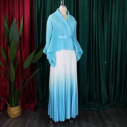 CM.YAYA – ensemble dégradé pour femmes, chemisier à manches longues avec ceinture, chemise et jupes longues plissées, costume de rue, ensemble deux pièces, survêtement