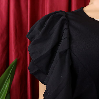 Combinaison élégante en maille patchwork plissée pour femme, jambe large, taille haute, col en V, manches évasées, combishort de fête, été 2022