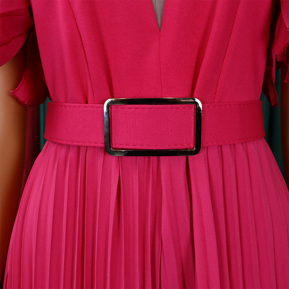 Combinaison élégante en maille patchwork plissée pour femme, jambe large, taille haute, col en V, manches évasées, combishort de fête, été 2022