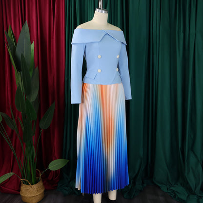 BS - Ensemble à manches longues et col slash pour femme, jupes longues plissées dégradées, ensemble de rue, tenues d'avocat africain, 2 pièces