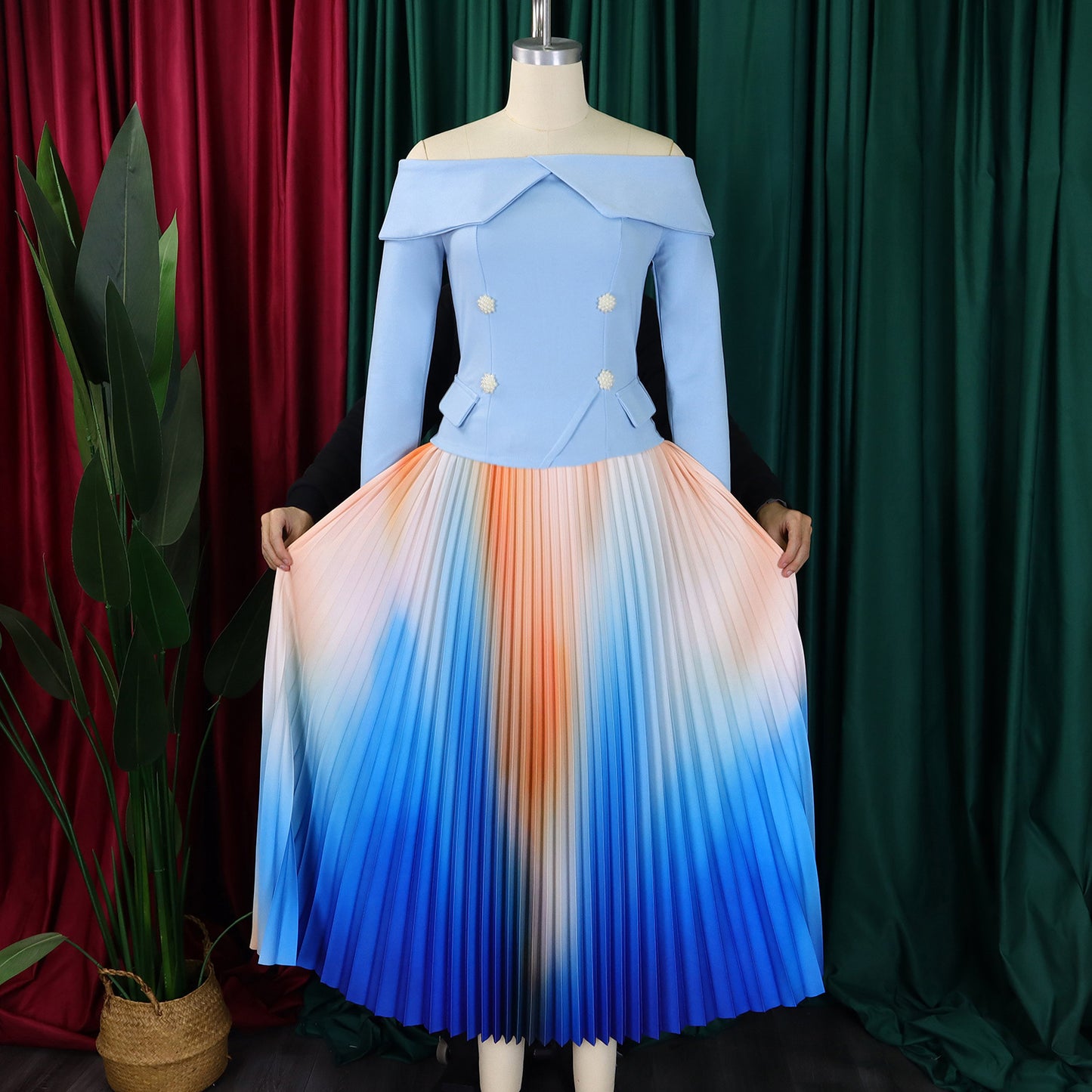 BS - Ensemble à manches longues et col slash pour femme, jupes longues plissées dégradées, ensemble de rue, tenues d'avocat africain, 2 pièces