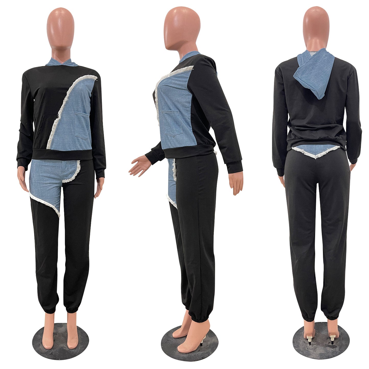 Femmes deux pièces ensembles survêtement automne jean épissage haut à capuche sweats poche survêtement pantalon costume ample femme bureau dame