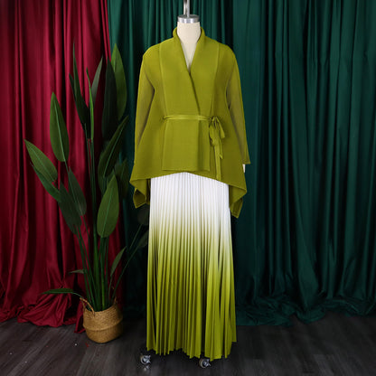 CM.YAYA – ensemble dégradé pour femmes, chemisier à manches longues avec ceinture, chemise et jupes longues plissées, costume de rue, ensemble deux pièces, survêtement