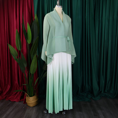 CM.YAYA – ensemble dégradé pour femmes, chemisier à manches longues avec ceinture, chemise et jupes longues plissées, costume de rue, ensemble deux pièces, survêtement