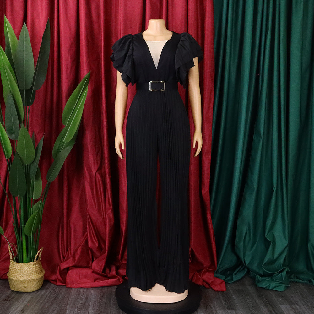 Combinaison élégante en maille patchwork plissée pour femme, jambe large, taille haute, col en V, manches évasées, combishort de fête, été 2022