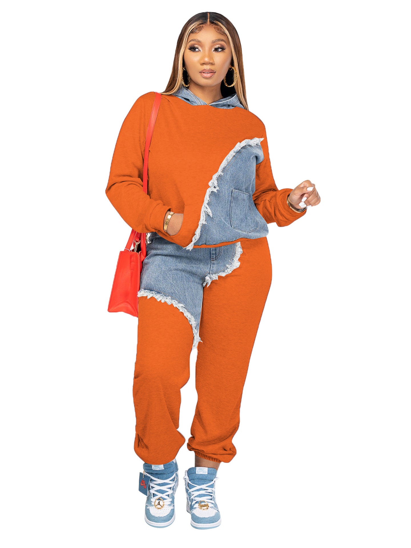 Femmes deux pièces ensembles survêtement automne jean épissage haut à capuche sweats poche survêtement pantalon costume ample femme bureau dame