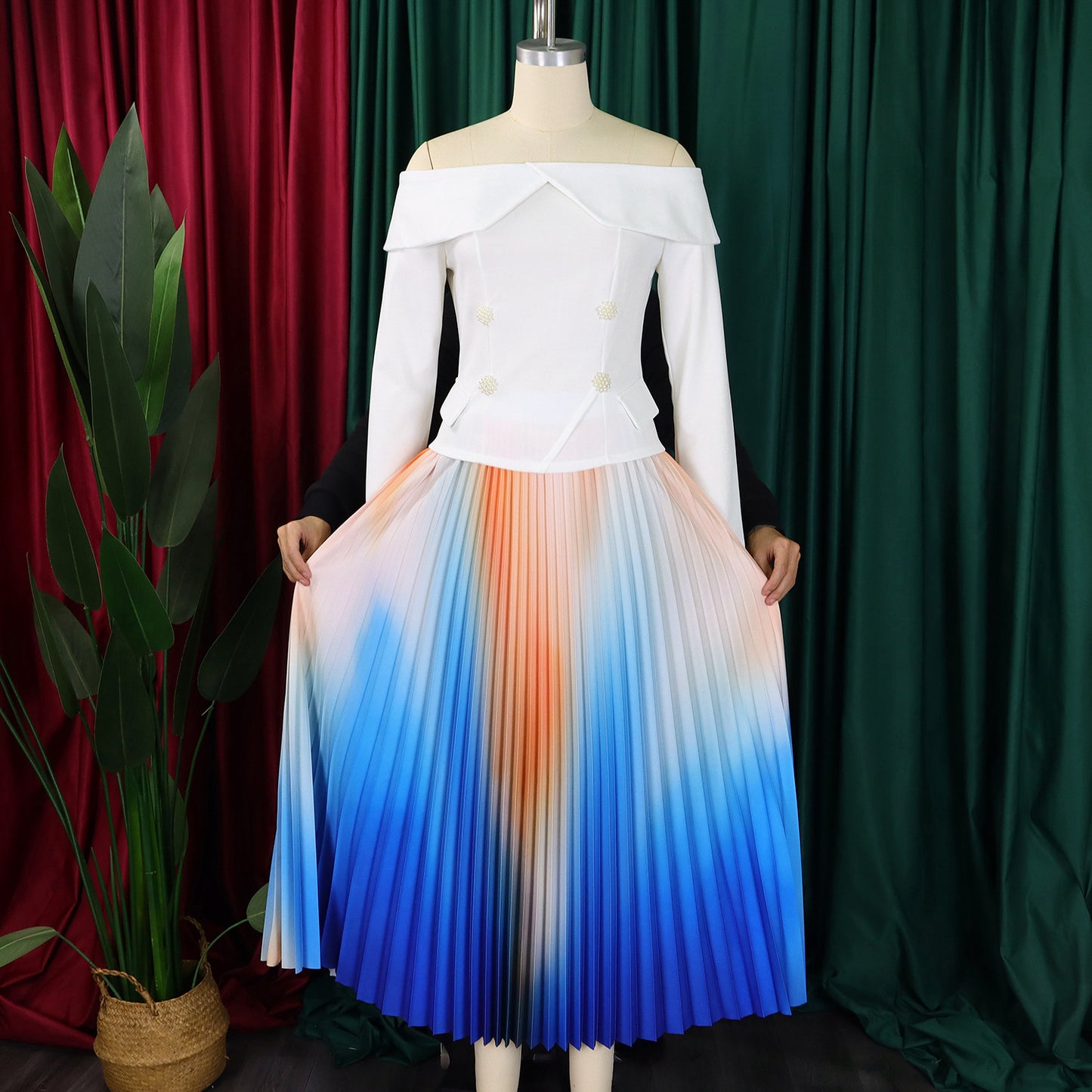 BS - Ensemble à manches longues et col slash pour femme, jupes longues plissées dégradées, ensemble de rue, tenues d'avocat africain, 2 pièces