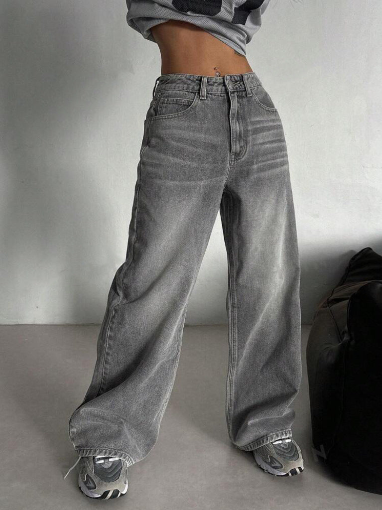 BKQU gris Vintage Baggy jean femme Streetwear taille haute Y2K jambe large Denim pantalon ample femme Hip Hop pantalon américain années 2000