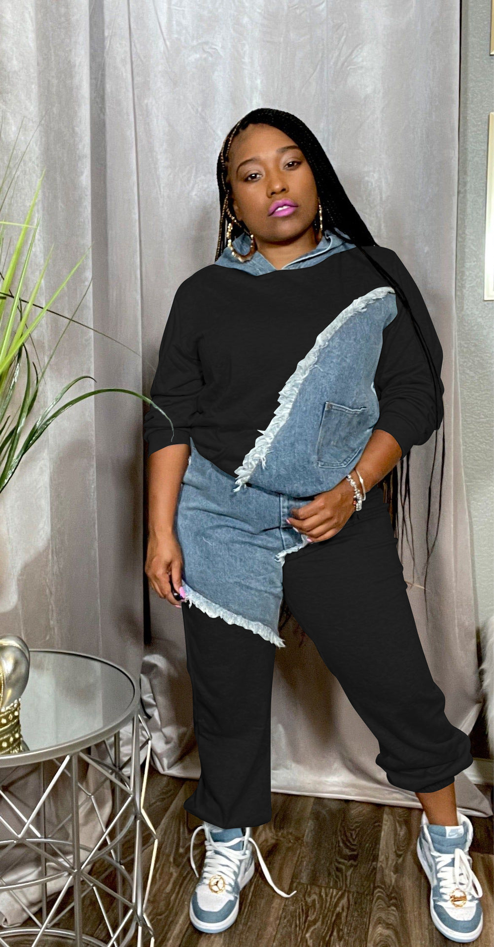 Femmes deux pièces ensembles survêtement automne jean épissage haut à capuche sweats poche survêtement pantalon costume ample femme bureau dame