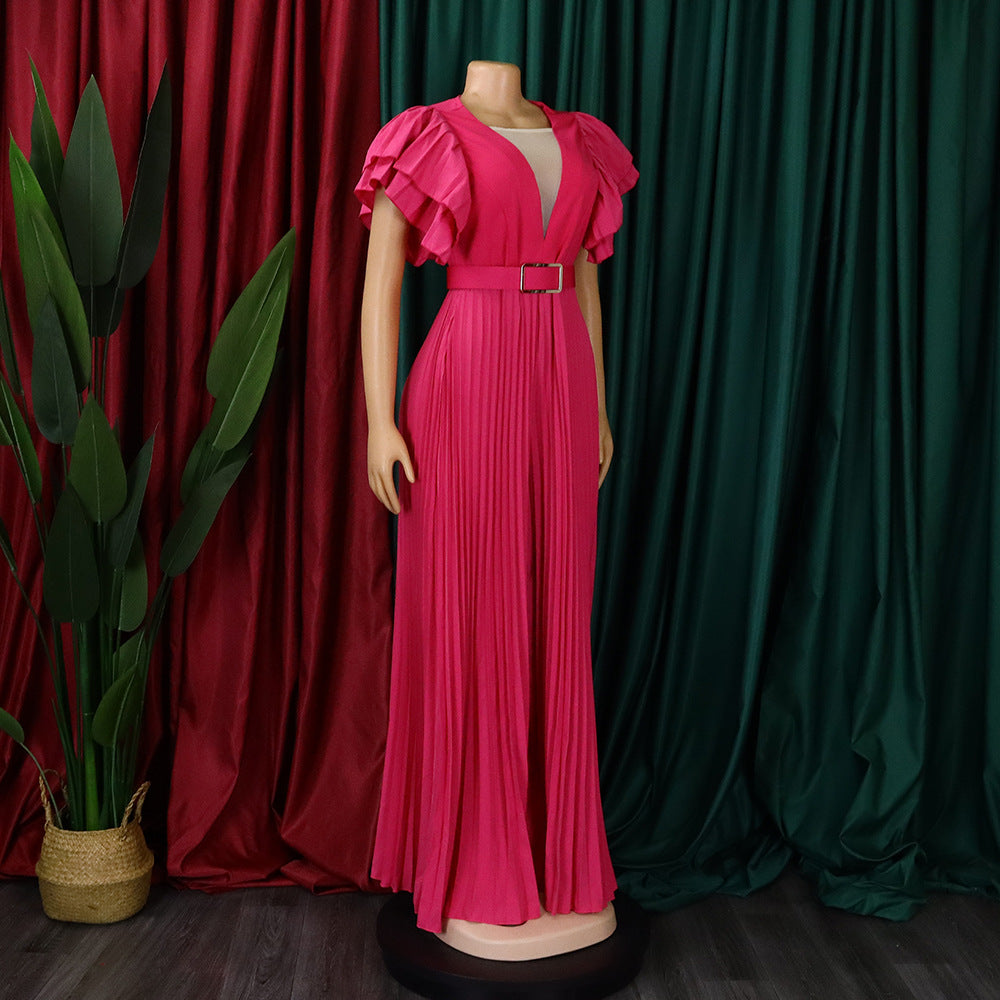 Combinaison élégante en maille patchwork plissée pour femme, jambe large, taille haute, col en V, manches évasées, combishort de fête, été 2022