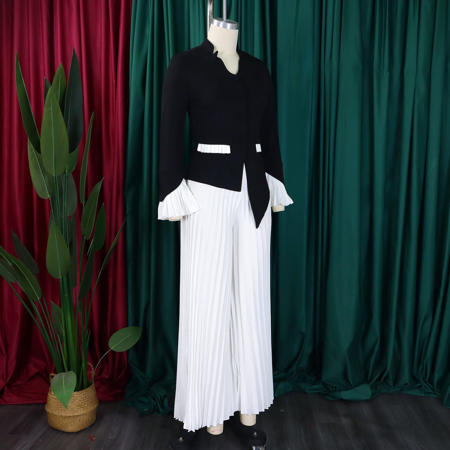 BS -  ensemble élégant  femme manches évasées bouton Blazer chemise + pantalon Long plissé costume Streetwear deux 2 pièces ensemble afrique OL tenues