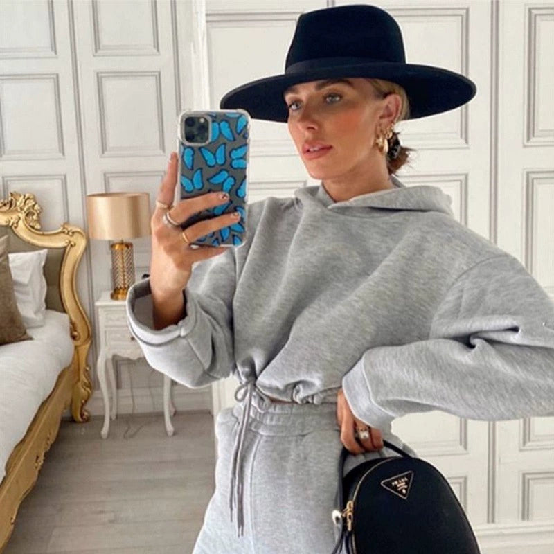 Vêtements tendance pour femmes, ensemble deux pièces décontracté de sport à manches longues et taille trempée