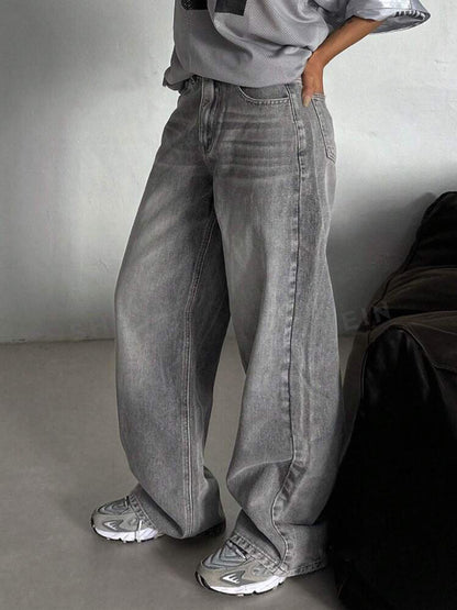 BKQU gris Vintage Baggy jean femme Streetwear taille haute Y2K jambe large Denim pantalon ample femme Hip Hop pantalon américain années 2000