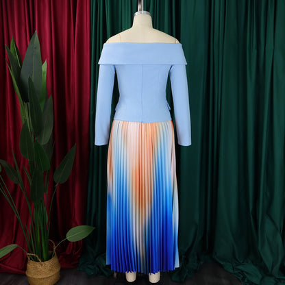 BS - Ensemble à manches longues et col slash pour femme, jupes longues plissées dégradées, ensemble de rue, tenues d'avocat africain, 2 pièces