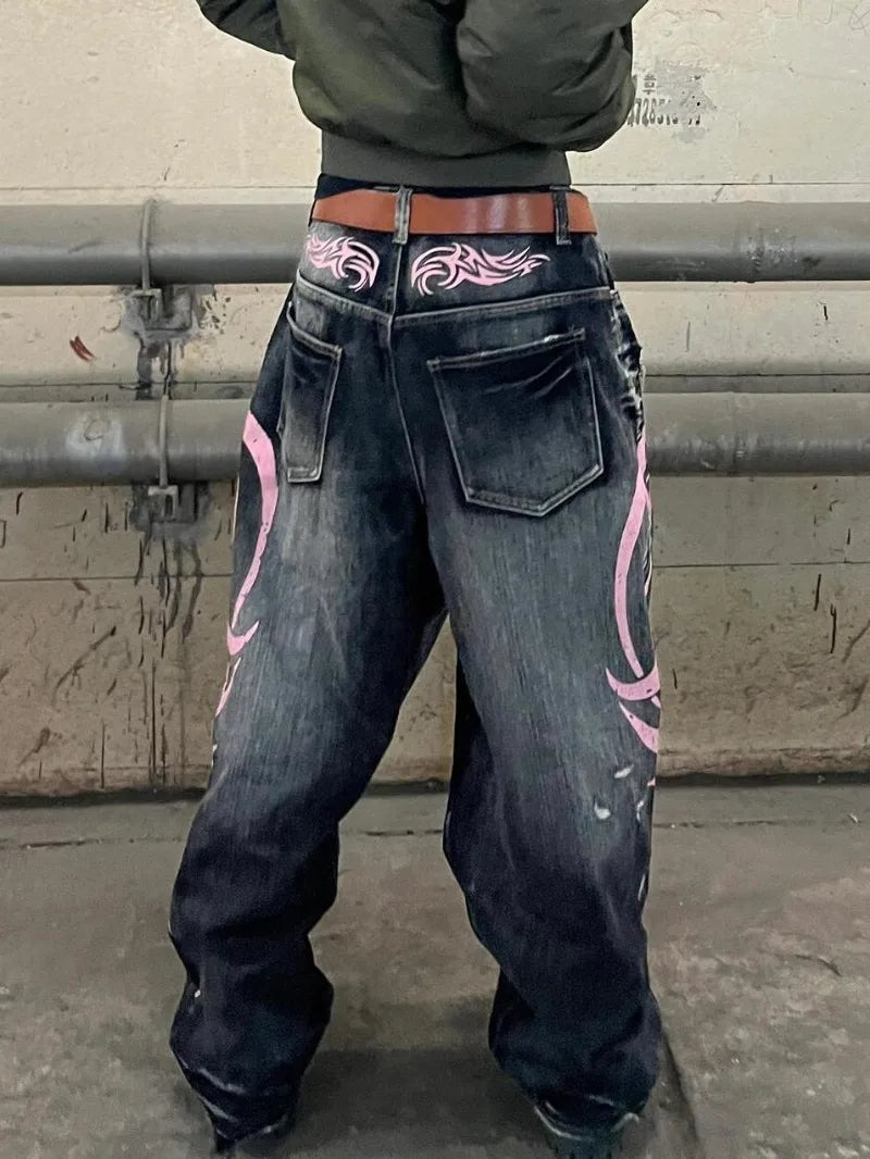 Jean baggy taille haute pour femme, jean droit, mode décontractée, imprimé hip hop, gothique, rue américaine, rétro, lavé, Y2K