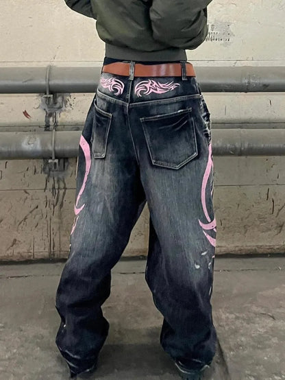 Jean baggy taille haute pour femme, jean droit, mode décontractée, imprimé hip hop, gothique, rue américaine, rétro, lavé, Y2K