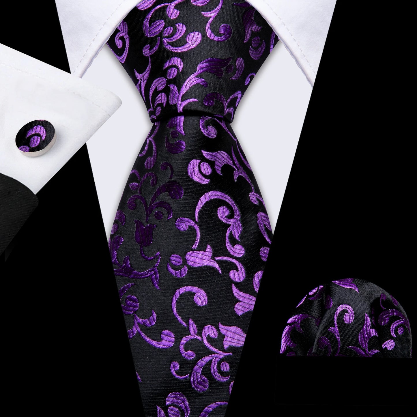 Barry.Wang violet lilas lavande soie hommes cravate mouchoir bouton de manchette ensemble Jacquard cravate florale pour homme mariage fête d'affaires