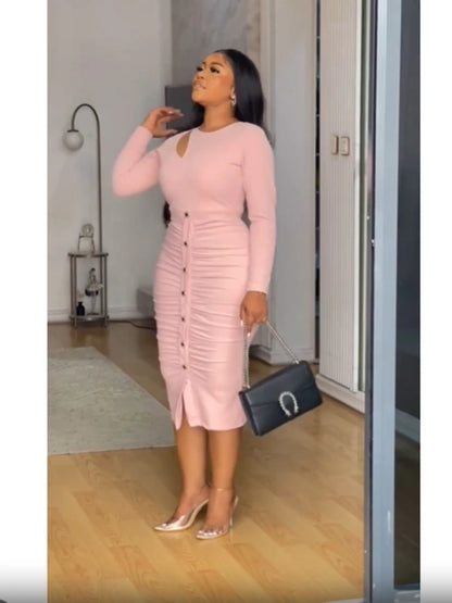 Robe élégante plissée pour femme, manches longues, conception de boutons, batterie, découpée, asymétrique, sexy, évider, fête, vêtements de jour