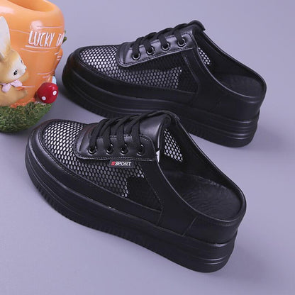 Demi-pantoufles en maille respirante pour femmes, surface évidée, os d'étudiant polyvalents, extérieur, Parker fermé, chaussure décontractée en maille, blanc, été