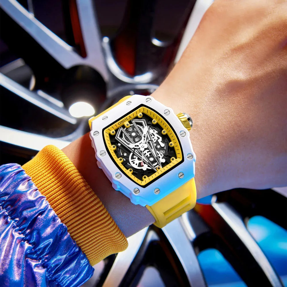 ONOLA-Montre Tonneau Blanche pour Homme, Horloge Masculine, Calendrier Showous, Degré d'Eau, Bande en Silicone