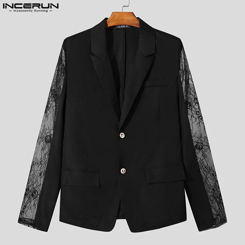 INCERUN hauts 2024 Style américain mode hommes Perspective dentelle épissage conception costume manteaux décontracté solide à manches longues Blazer S-5XL